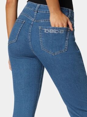 BEBE Slit Hem | High Rise | Stretch Bootcut Denim Rhinestone Logo Size 8 / 29”